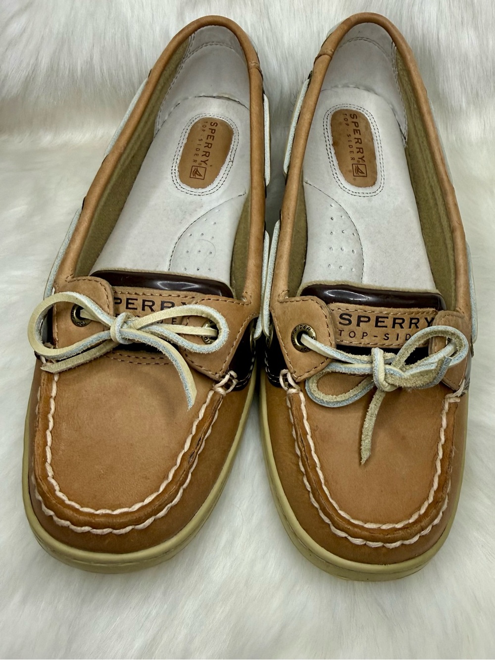 Sperry Tan Leather Leopard Trim Boat Shoes